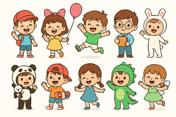 Cute Kids Cartoon Characters – Flat Vector Icon Set