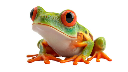A green tree frog sits with its bright orange toes displayed prominently