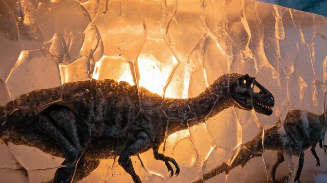 Dinosaur figures encased in ice with glowing light creating a dramatic effect