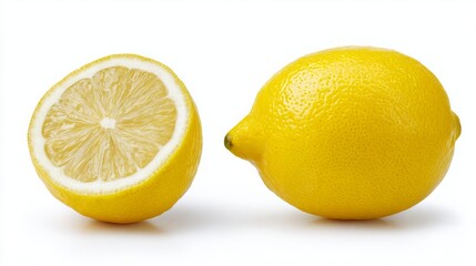A lemon and a slice, separated from a white backdrop.
Alternatively:
Isolated against white, a lemon and a cut piece.
 