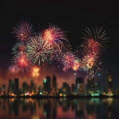 Sparkling fireworks over city skyline at night, festive celebration background