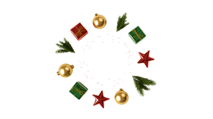 Festive christmas ornaments and pine branches arranged in a circular wreath pattern isolated on transparent background