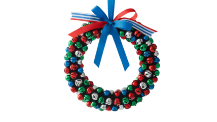 Handmade christmas wreath crafted from colorful jingle bells and festive ribbons isolated on transparent background