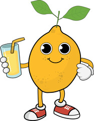 Lemon mascot, holding a glass of juice, clipart, illustration, diet fruit theme