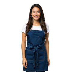 Smiling woman in denim apron isolated on transparent background