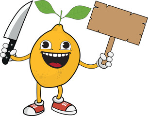 Lemon mascot holding a sign, smiling, and with a knife in hand, clipart, fruit theme, diet, funny
