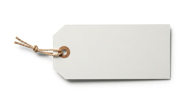 A blank rectangular offwhite tag with a brown string