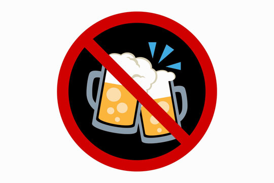 Vector illustration of prohibition sign with clinking beer mugs, red circle and diagonal line indicating no alcohol, drinking restriction and safety regulation.	