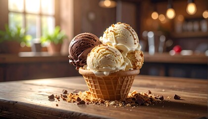Three scoops of ice cream, chocolate and vanilla, in a waffle cone on a wooden table with crumbs, against a blurred kitchen background.
