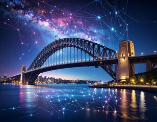Obraz premium Futuristic city bridge at night under a starry sky with digital network