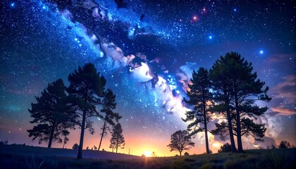 Naklejka premium Majestic night sky over a field of trees