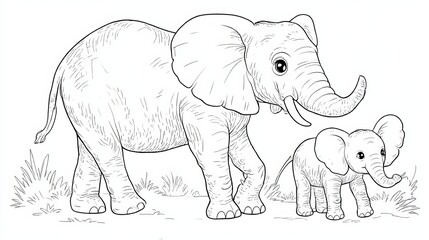 Fototapeta premium Zoo scene: Adorable African animals! A mother elephant with her baby calf. Child-friendly illustration perfect for a coloring book page. Cartoon characters isolated on a clean white background