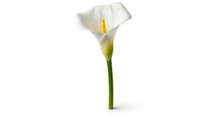 A single white calla lily with water droplets on its petal stands against a white background