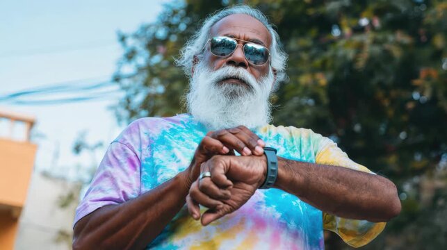 elderly man using fitness tracker