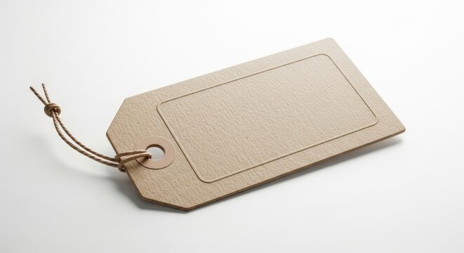 Angled kraft paper tag with outlined rectangle on a white surface with string