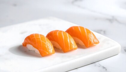 Three pieces of salmon nigiri sushi arranged in a row on a white marble surface, showcasing the vibrant orange fish.