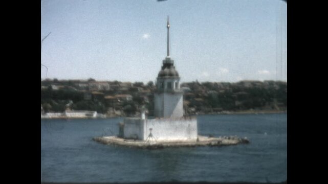 Maiden's Tower in Istanbul 1964 - Viewing Maiden's Tower, set on an islet in the Bosphorus Strait, an historic structure variously used for customs, defense, and a lighthouse in Istanbul, Turkey, 1964