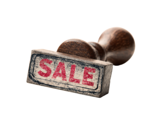 Vintage wooden stamp with sale text for promotions and discounts on a transparent background, cut out