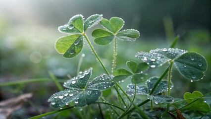 Clover Dew Drops: A macro shot captures the beauty of a clover plant glistening with morning dew drops, evoking feelings of freshness and tranquility.