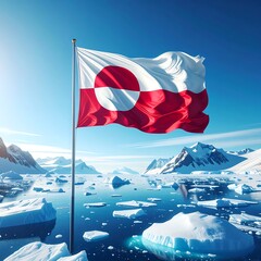 Flag of Greenland waving over icy landscape