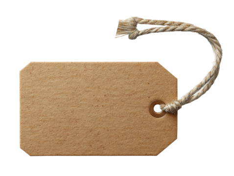 Blank kraft tags for handmade gifts and packaging designs on a transparent background, cut out