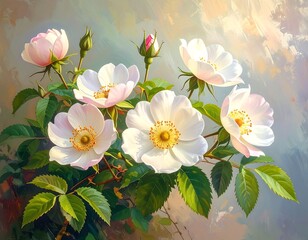 Delicate white dog rose blossoms in soft pastel light