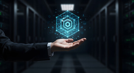 Businessman Holding Blockchain Icon in Server Room for Decentralized Data Technology