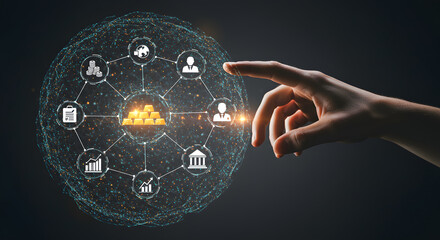 Hand Touching Finance Interface with Gold for Investment and Wealth Management