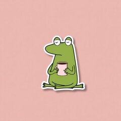 Obraz premium Relaxed Frog Enjoying a Warm Drink on a Pastel Background in a Cozy Setting