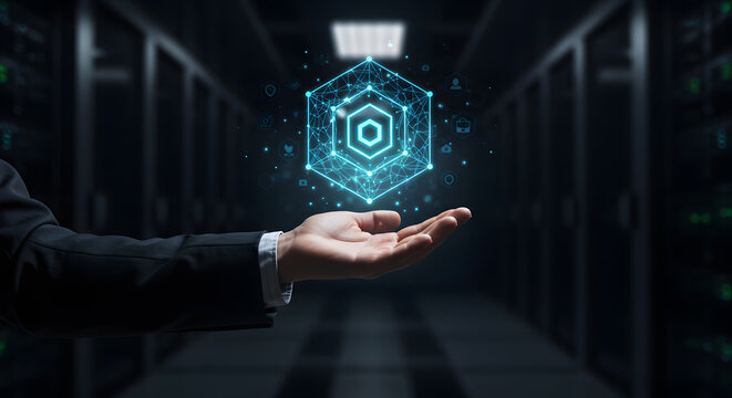 Businessman Holding Blockchain Icon in Server Room for Decentralized Data Technology