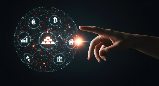 Hand Touching Finance Interface with Gold for Investment and Wealth Management - Powered by Adobe