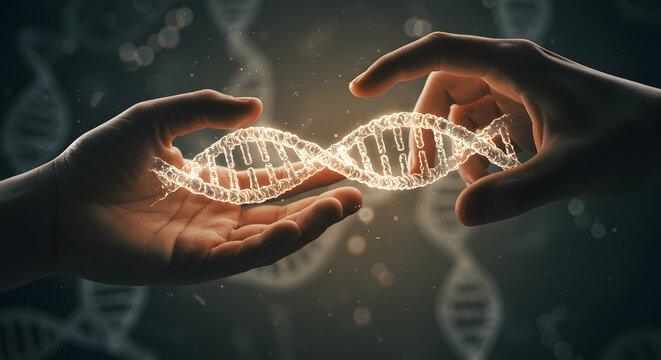 Two Hand Holding DNA Strand for Genetic Science Research and Collaboration
