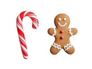 Gingerbread man and candy cane for holiday celebration treats on a transparent background, cut out
