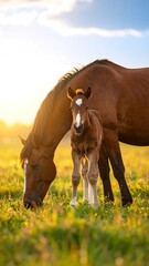 Mother horse and foal grazing in golden sunlight