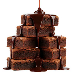 Stack of chocolate brownies drizzled with ganache isolated on transparent background