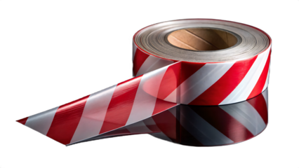 Glossy Red and White Striped Warning Tape Roll Reflected on caution tape barrier tape isolated on a transparent background
