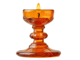 Elegant amber candle holder with lit candle for home decor on a transparent background, cut out