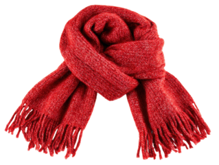 Cozy red scarf designed for winter fashion layering and warmth on a transparent background, cut out