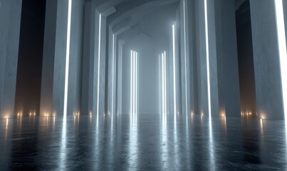 Fototapeta premium Futuristic Corridor with Neon Lights and Reflections - A Modern Architectural Marvel.