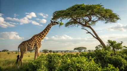 Obraz premium Majestic Giraffe Reaching for Leaves: A tall giraffe gracefully stretches to reach the lush green leaves of a vibrant tree under a blue sky, capturing a moment of harmony in the wild.