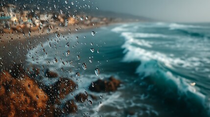 Raindrops closeup with ocean high resolution picture