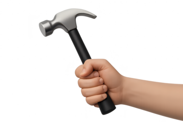 Hand holding a hammer on a transparent background, isolated tool use case