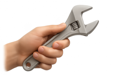 Hand holding an adjustable wrench isolated on a transparent background cutout