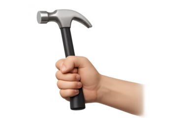 Human hand holding a hammer isolated on transparent background, powerful grip