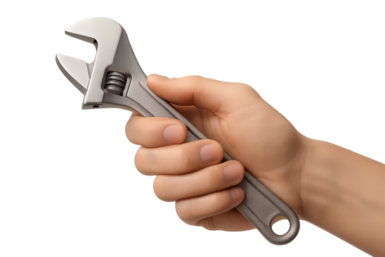 Adjustable wrench held in hand isolated on transparent background, silver tool
