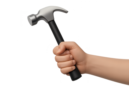 Hand holding a hammer on a transparent background, isolated tool use case