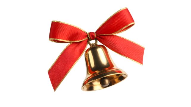 A shiny golden christmas bell adorned with a festive red ribbon bow isolated on transparent background