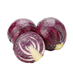 Fototapeta premium Two whole red cabbages and one half isolated on transparent background