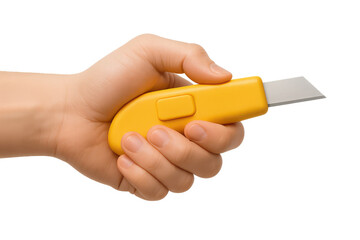 Hand holding yellow box cutter on transparent background, isolated subject, studio shot