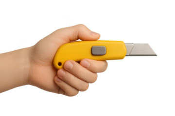 Hand holding yellow utility knife isolated on transparent background, safety
